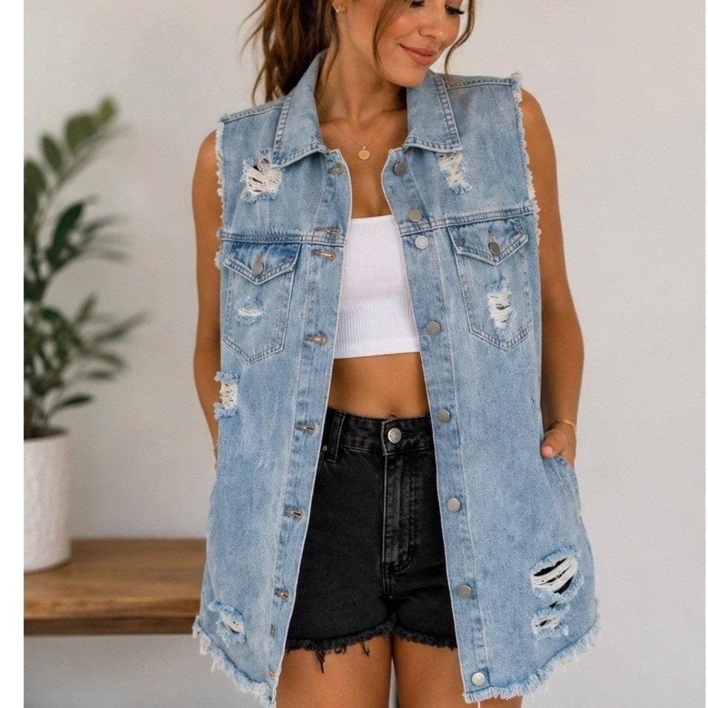 Women's Sleeveless Over sized Rip Destroyed Jean Denim Vest Jacket Size M